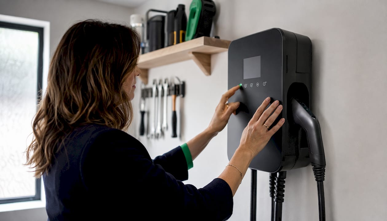 Female hands operating smart EV charging meter