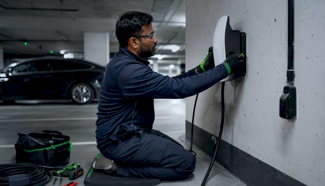 Technician installing Tesla charger in condo parking