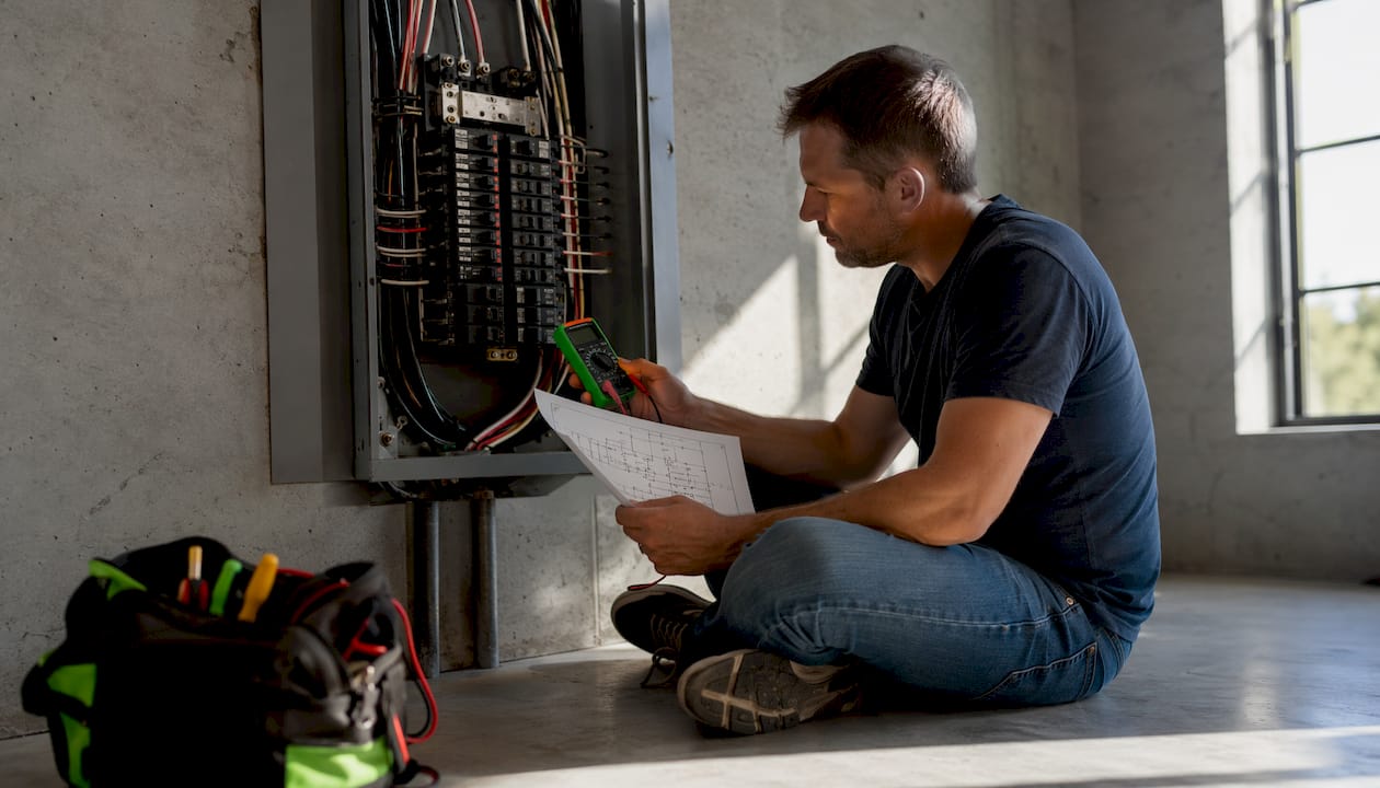 Homeowner checking electrical panel connections