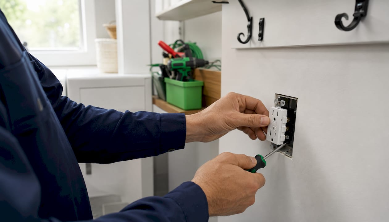 Electrician installing GFCI outlet in kitchen wall