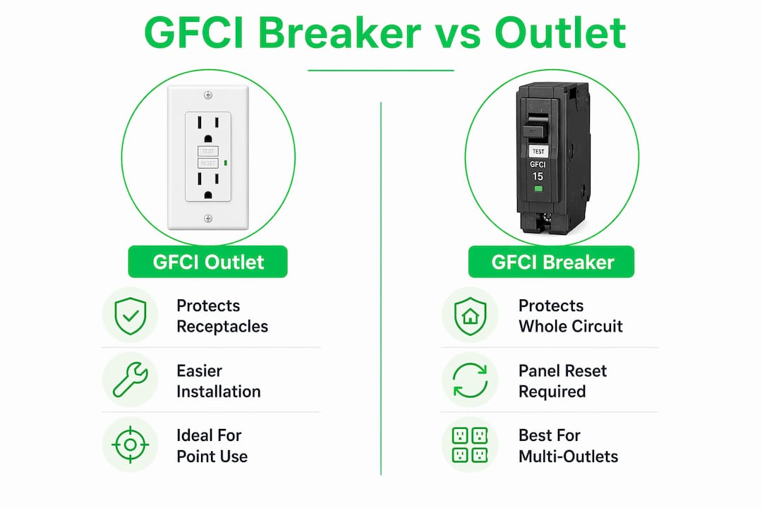 Infographic comparing GFCI breaker and outlet features