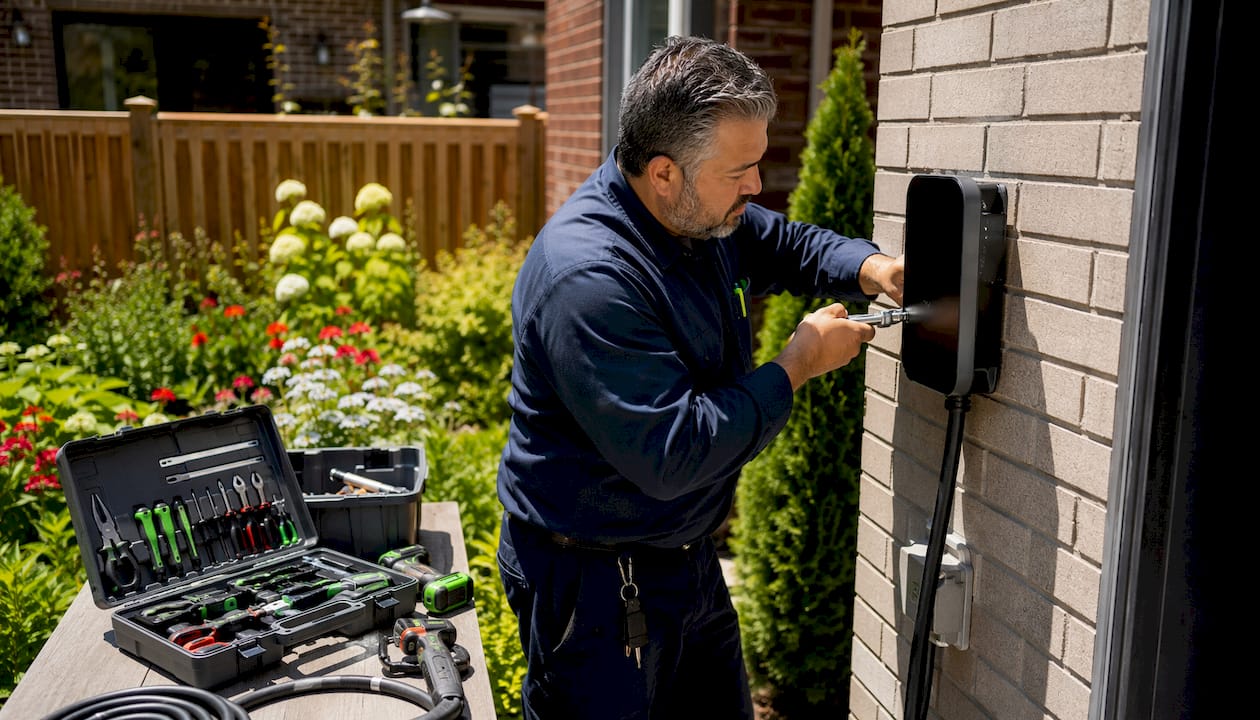 Electrician installing Grizzl-E charger outdoors