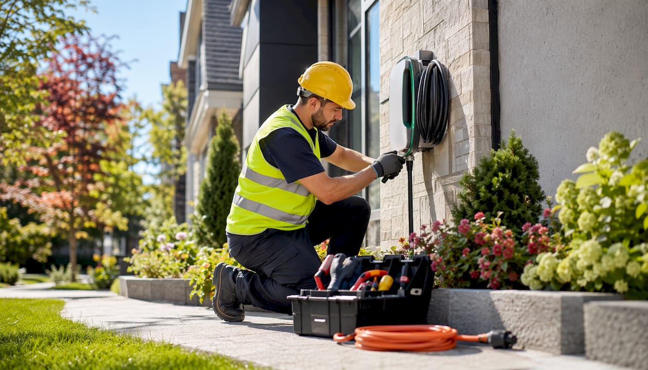 Electrician installing outdoor EV charger on Toronto home
