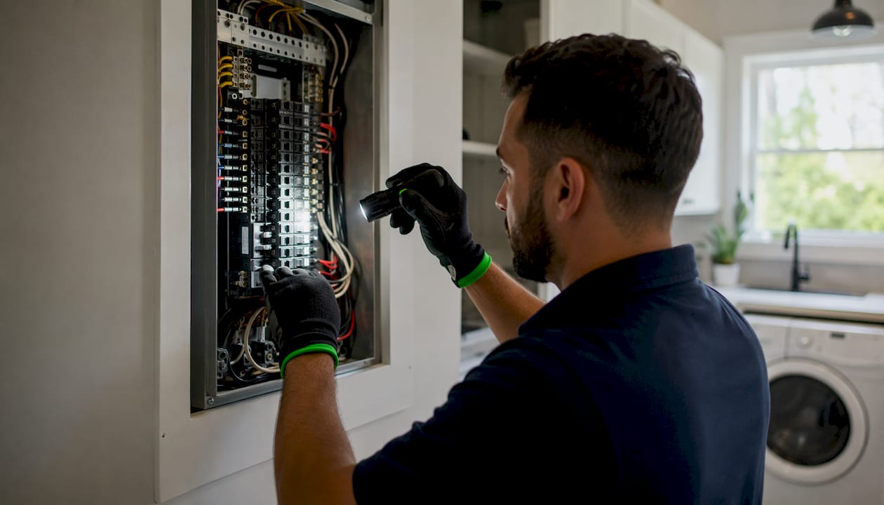 Electrician testing residential electrical panel components
