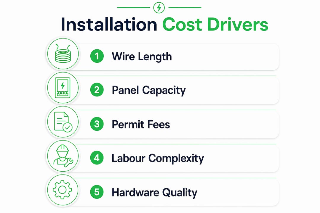 Infographic illustrating main cost drivers for outdoor EV charger installation