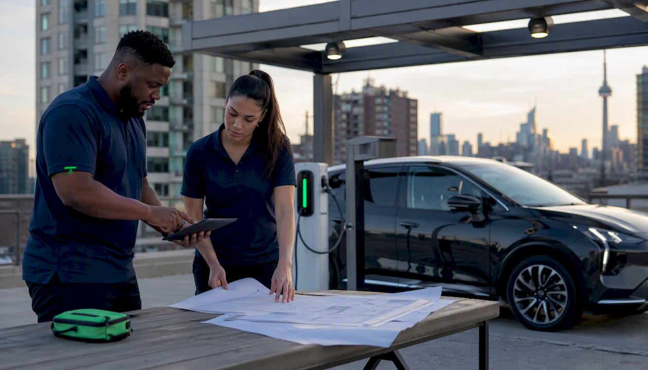 Installers planning EV charger setup in condo garage