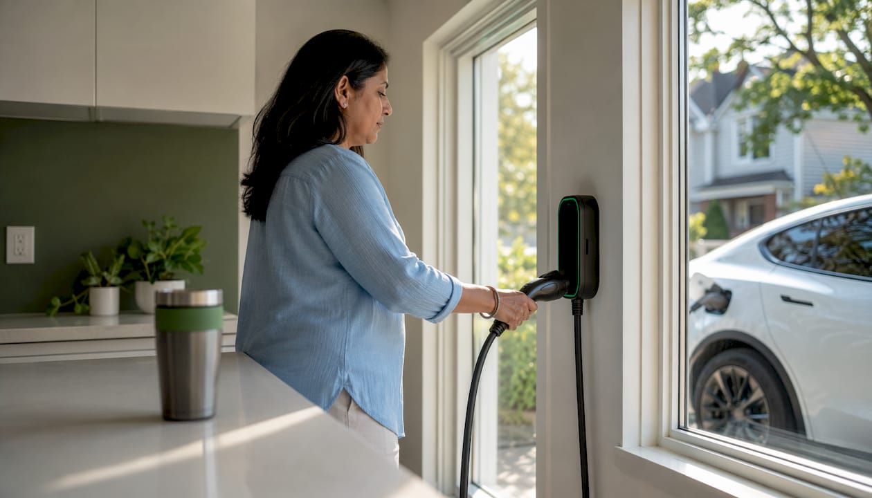 Woman plugging in EV charger at home garage
