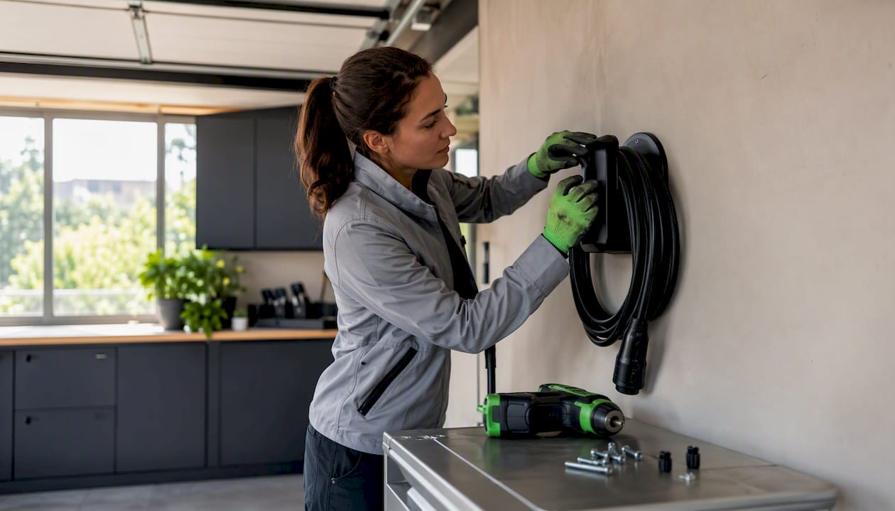 Installer attaching cable cradle to garage wall