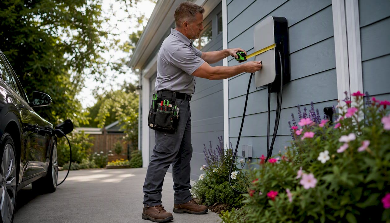 Electrician measuring EV charger height in garage