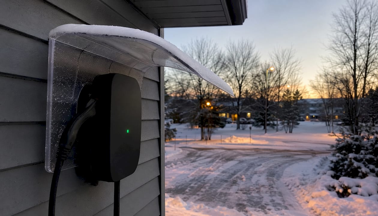 Outdoor EV charger with snow shield in winter