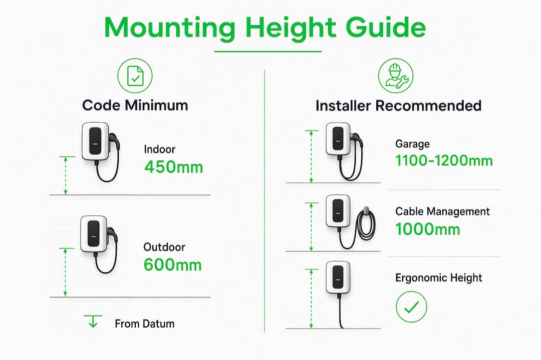 Infographic showing recommended EV charger mounting heights comparing code and installer guidelines