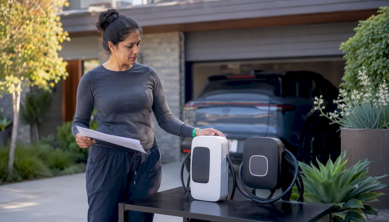 Homeowner comparing EV charging stations in garage