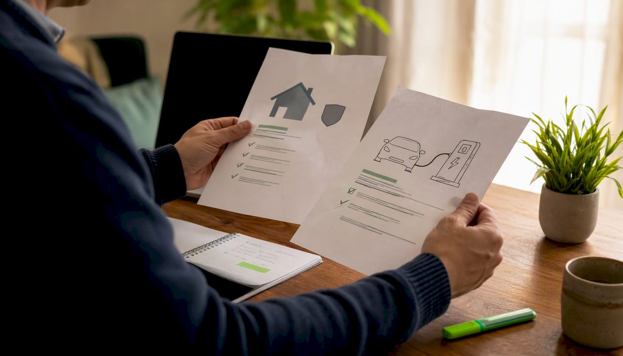 Hands reviewing insurance and EV charger documents