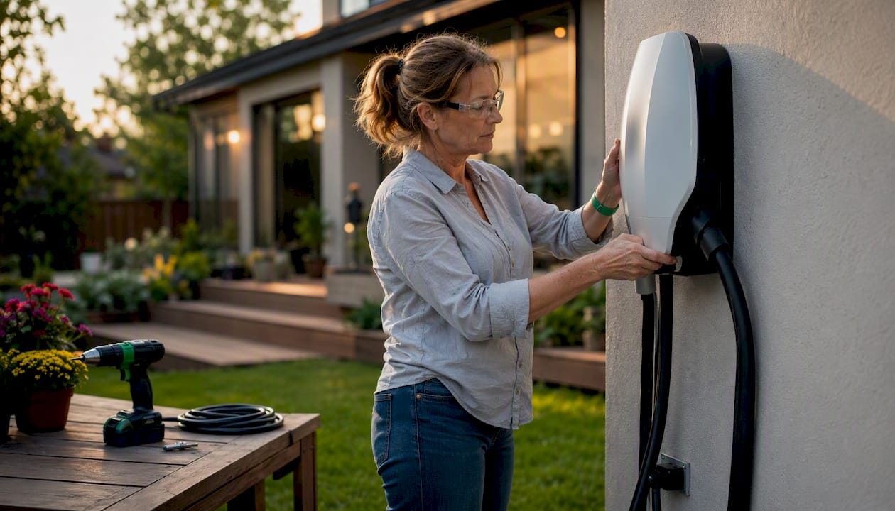 Homeowner inspects EV charger installation in garage