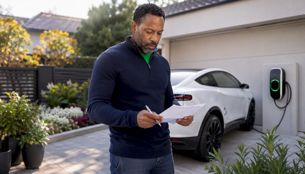 Man reviewing EV federal rebate documents next to car