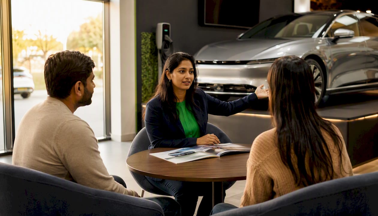 Sales consultant explaining EV rebate to buyers
