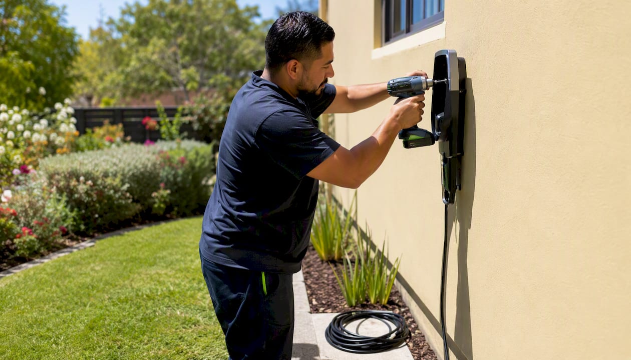Electrician installing home EV charger outdoors