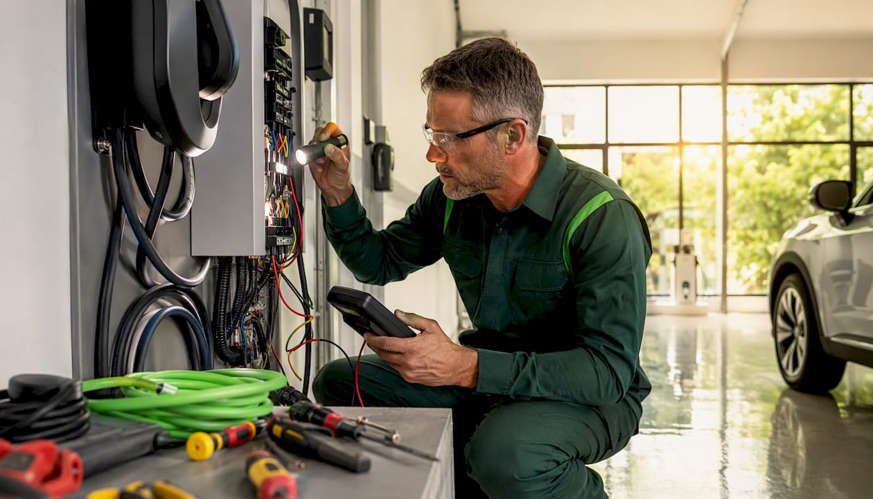 Electrician inspecting home EV circuit wiring