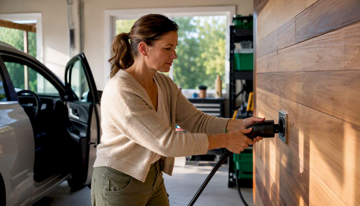 Woman plugging EV charger into dryer outlet in garage