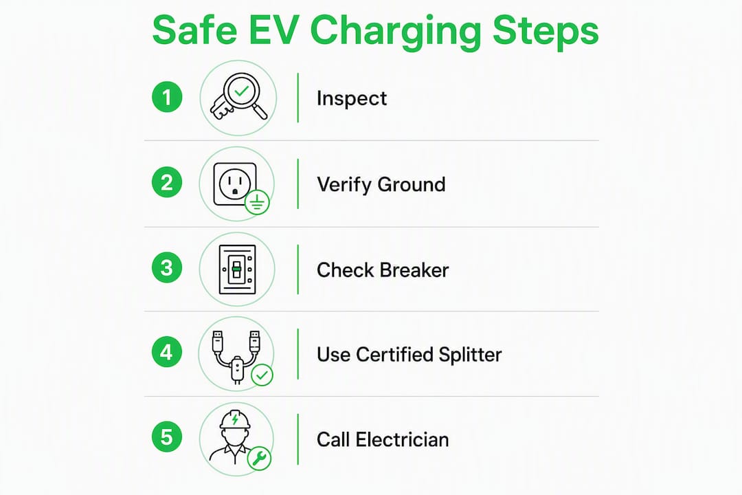 Infographic showing safe EV charging connection steps from dryer outlet