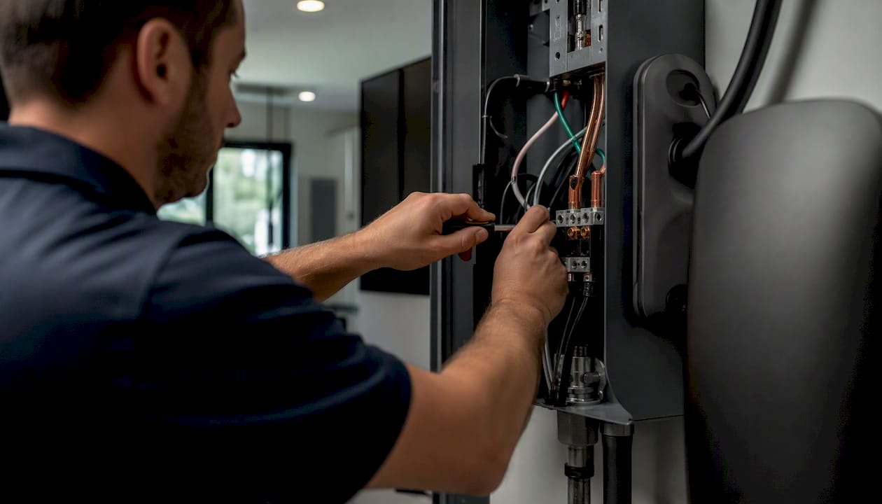 Electrician wiring hardwired EV charger panel