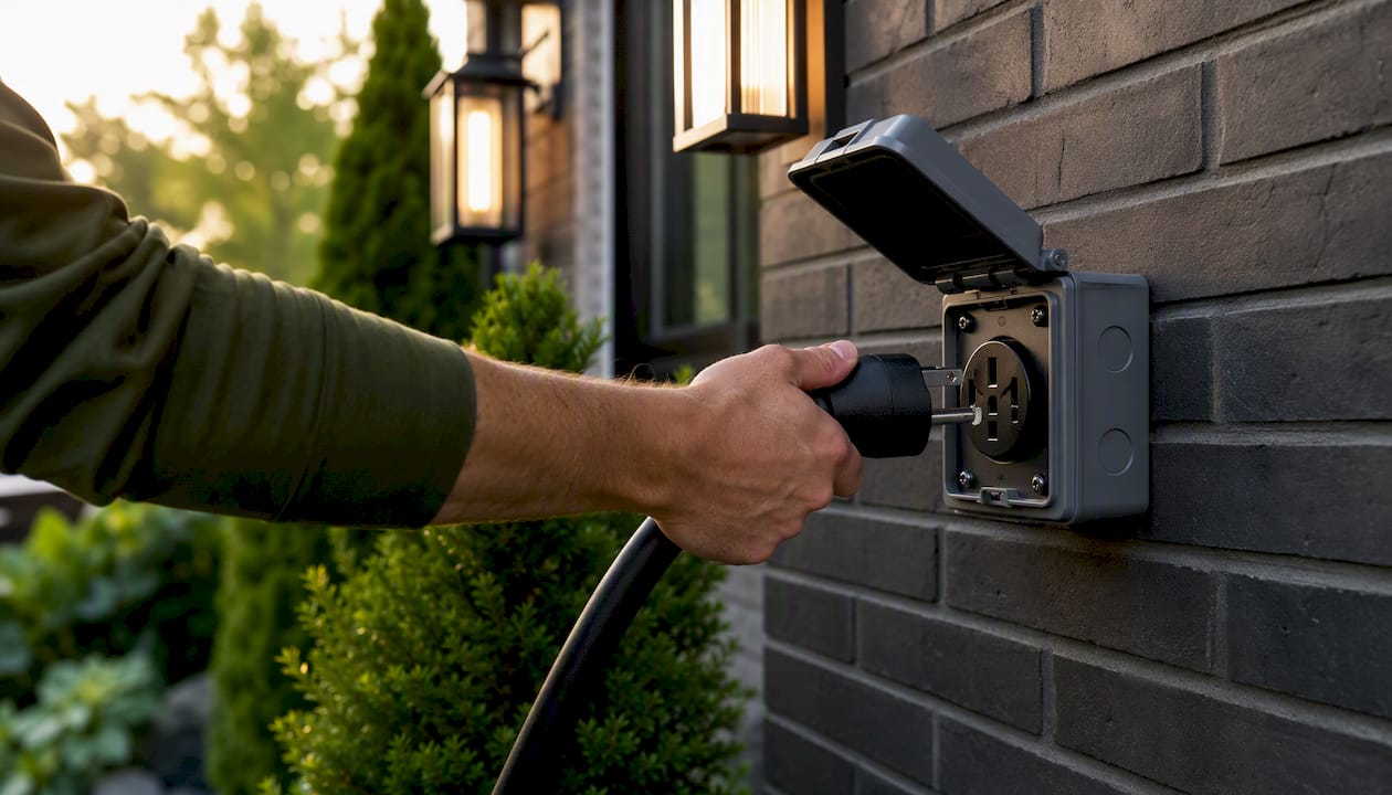 Plug-in EV charger cable connecting to outdoor outlet