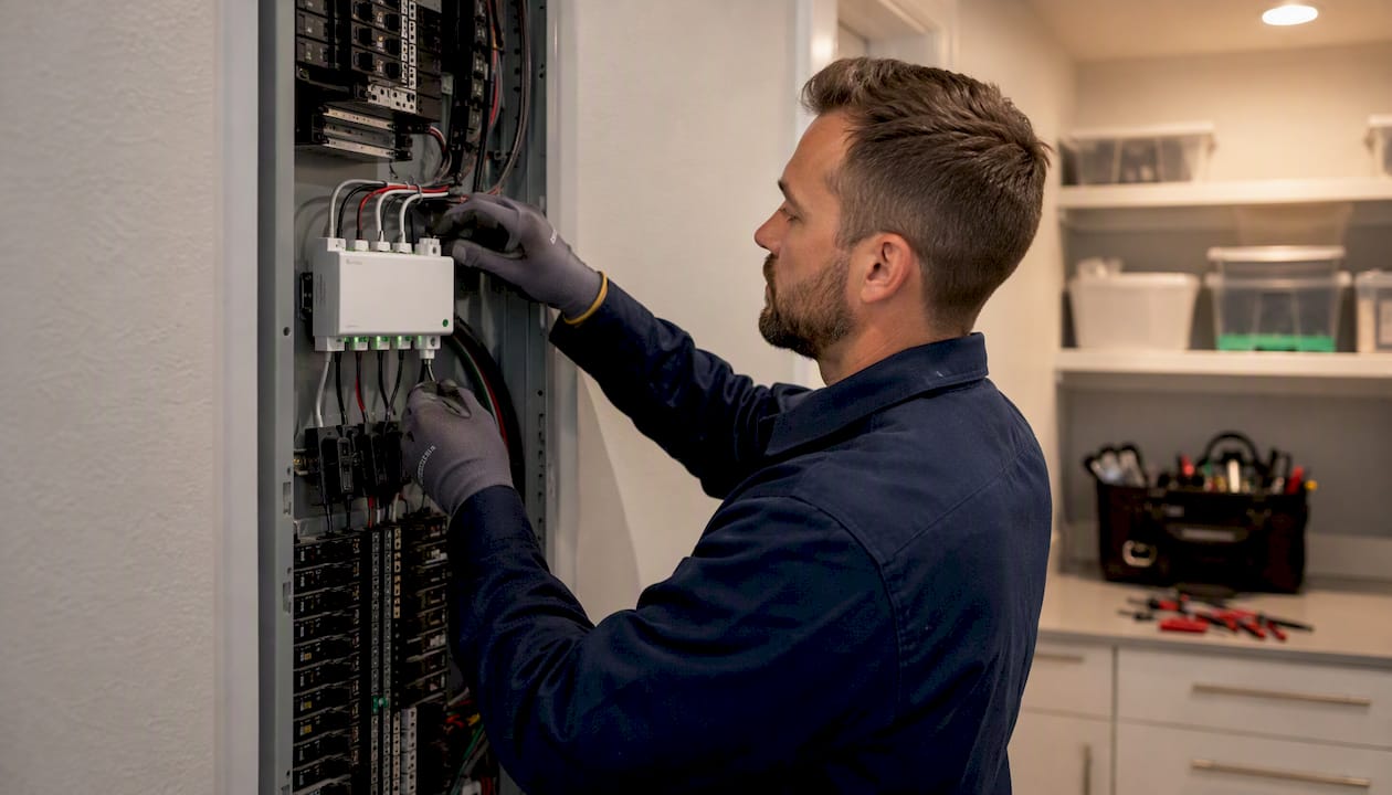Hands installing load management device on electrical panel