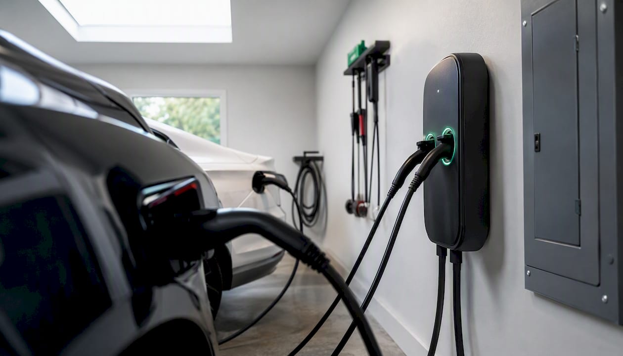 Dual-port EV charger with two vehicles charging