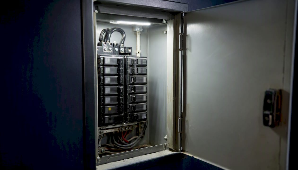 Close-up of residential electrical panel breakers