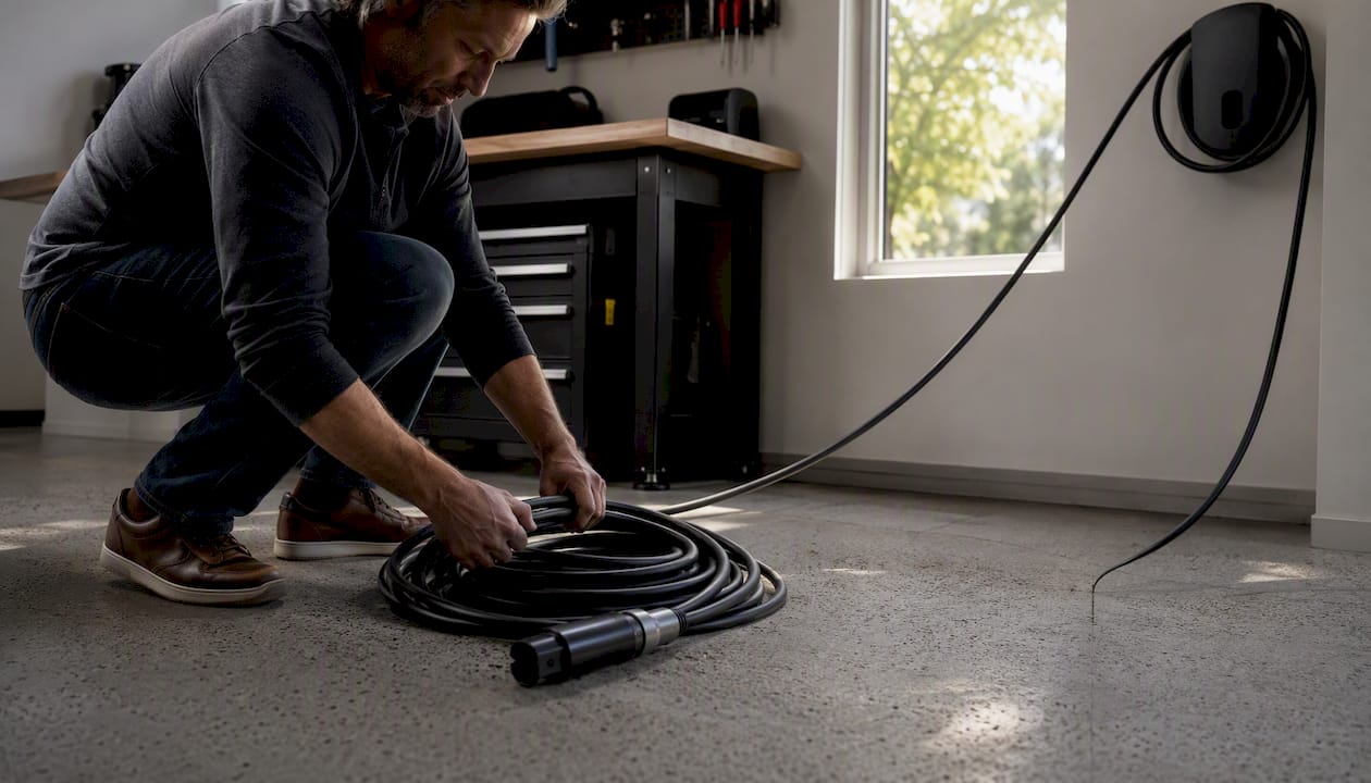 Hands coiling EV charger cable in garage