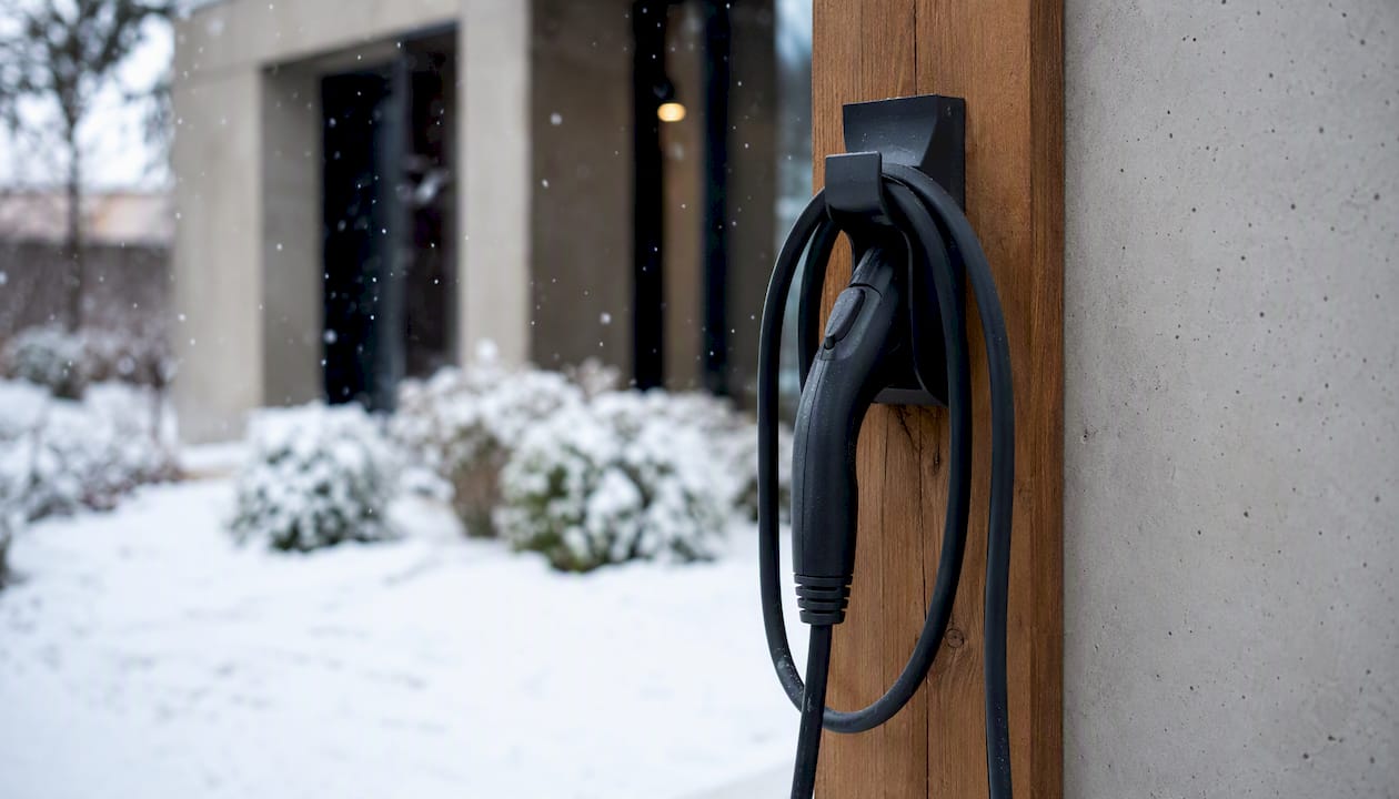 EV charger cable hanging flexible in cold weather