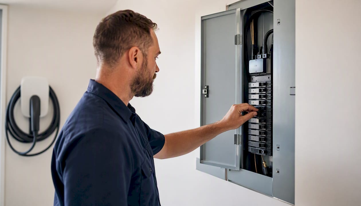 Electrician toggling circuit breaker for EV charger