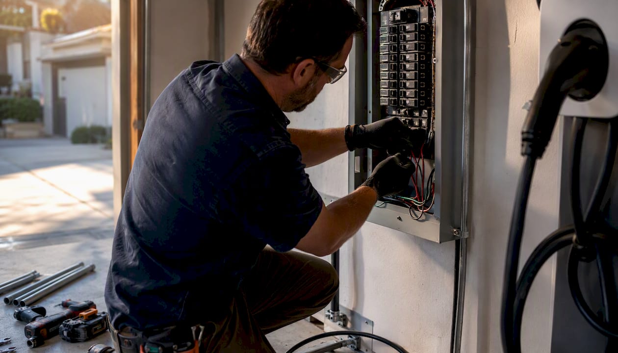 Electrician wiring home EV charger circuit panel