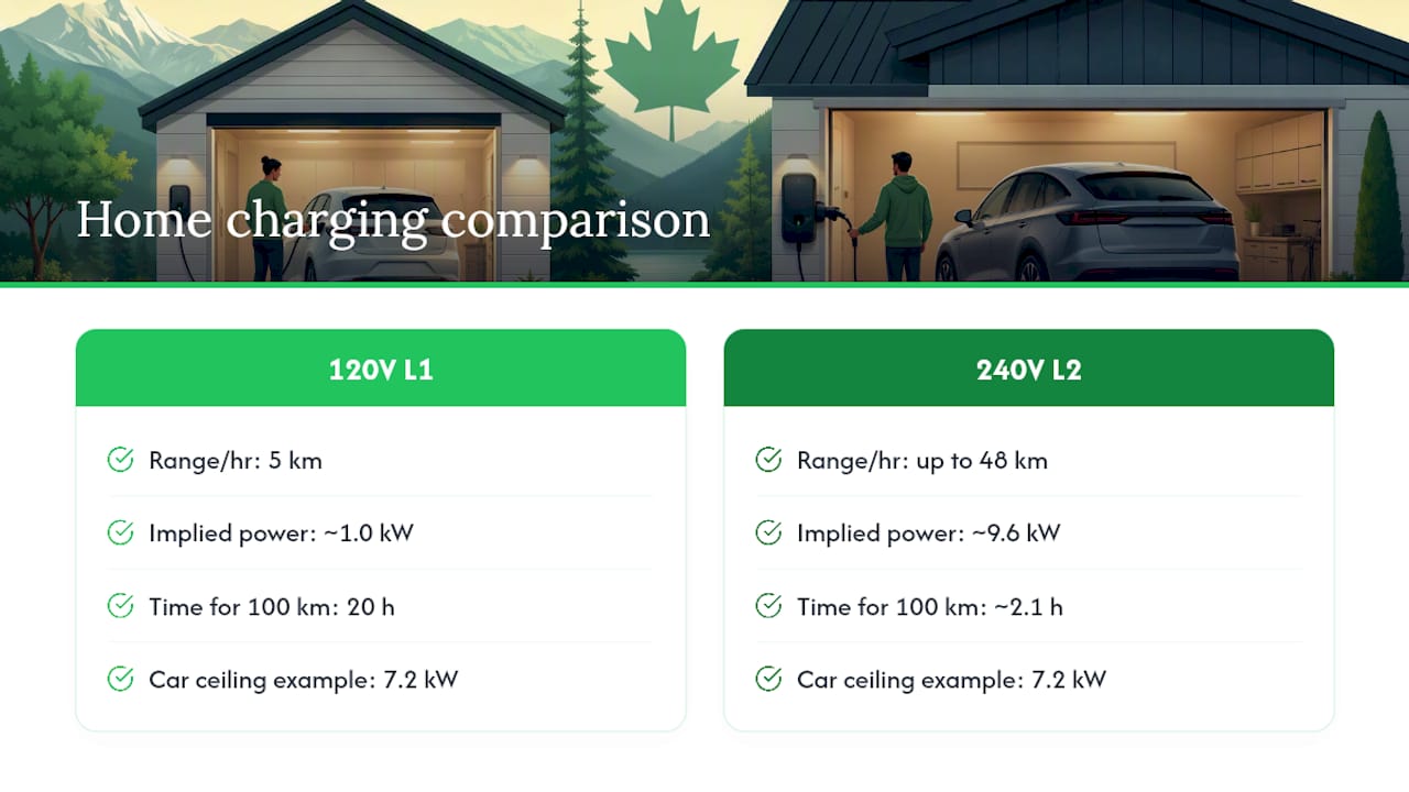 Diagram comparing 120V and 240V EV charge times and range