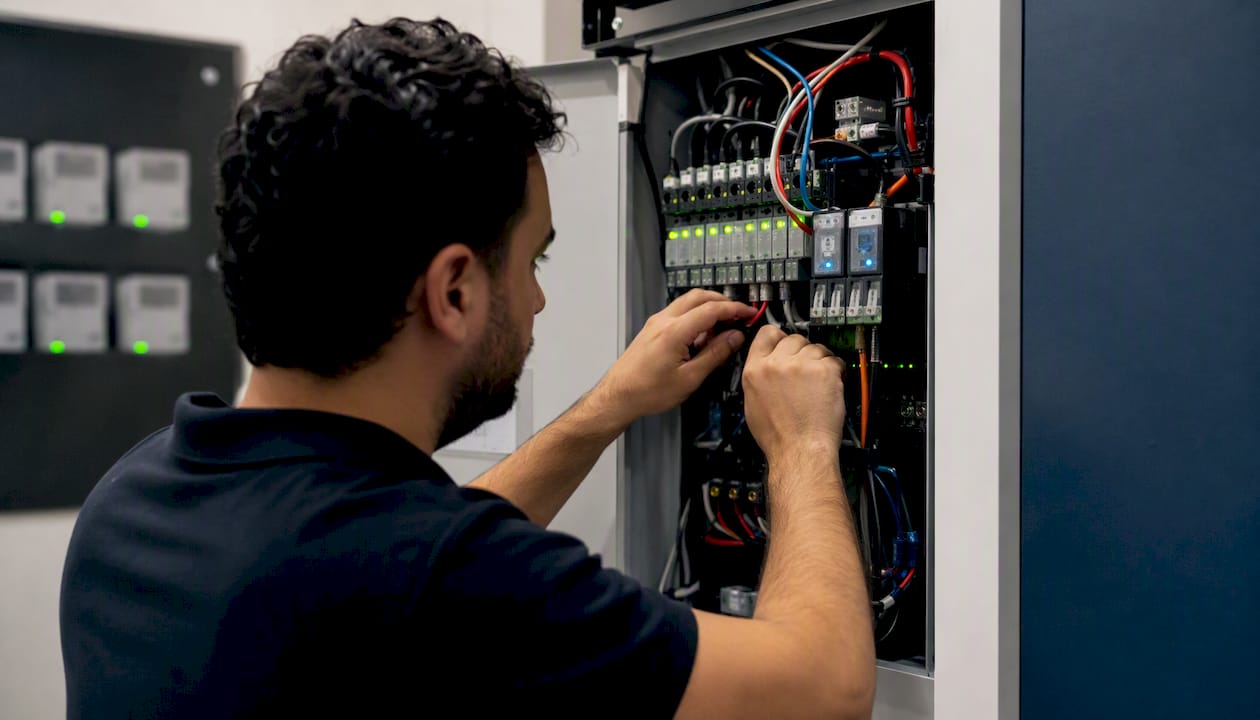 Electrician hands configuring EV load management system