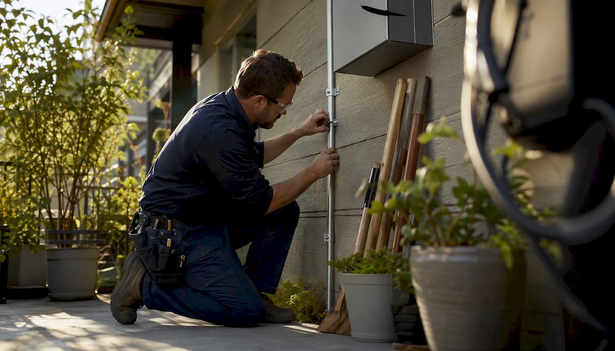 Electrician installing EV charger conduit in condo parking