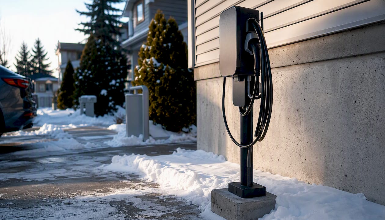 Pedestal EV charger in snowy driveway