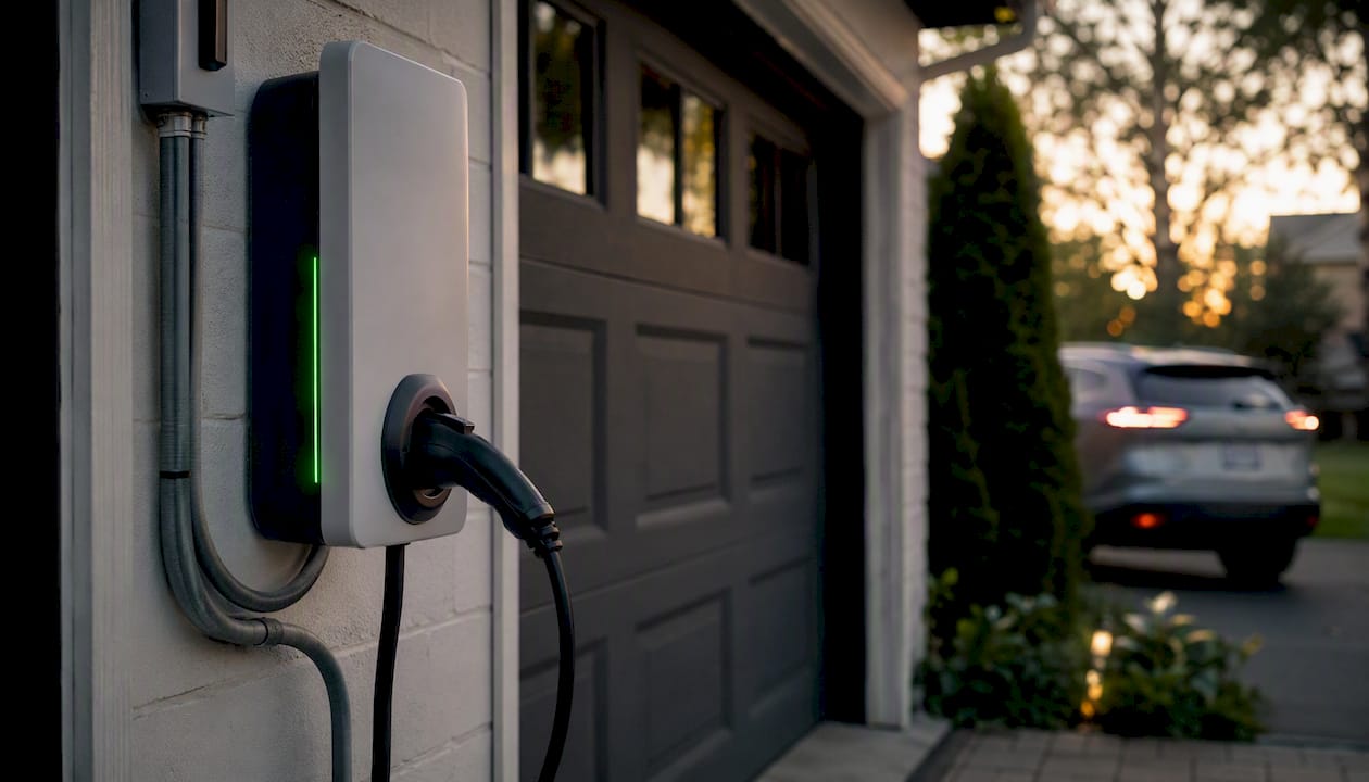 Weatherproof EV charger near garage door