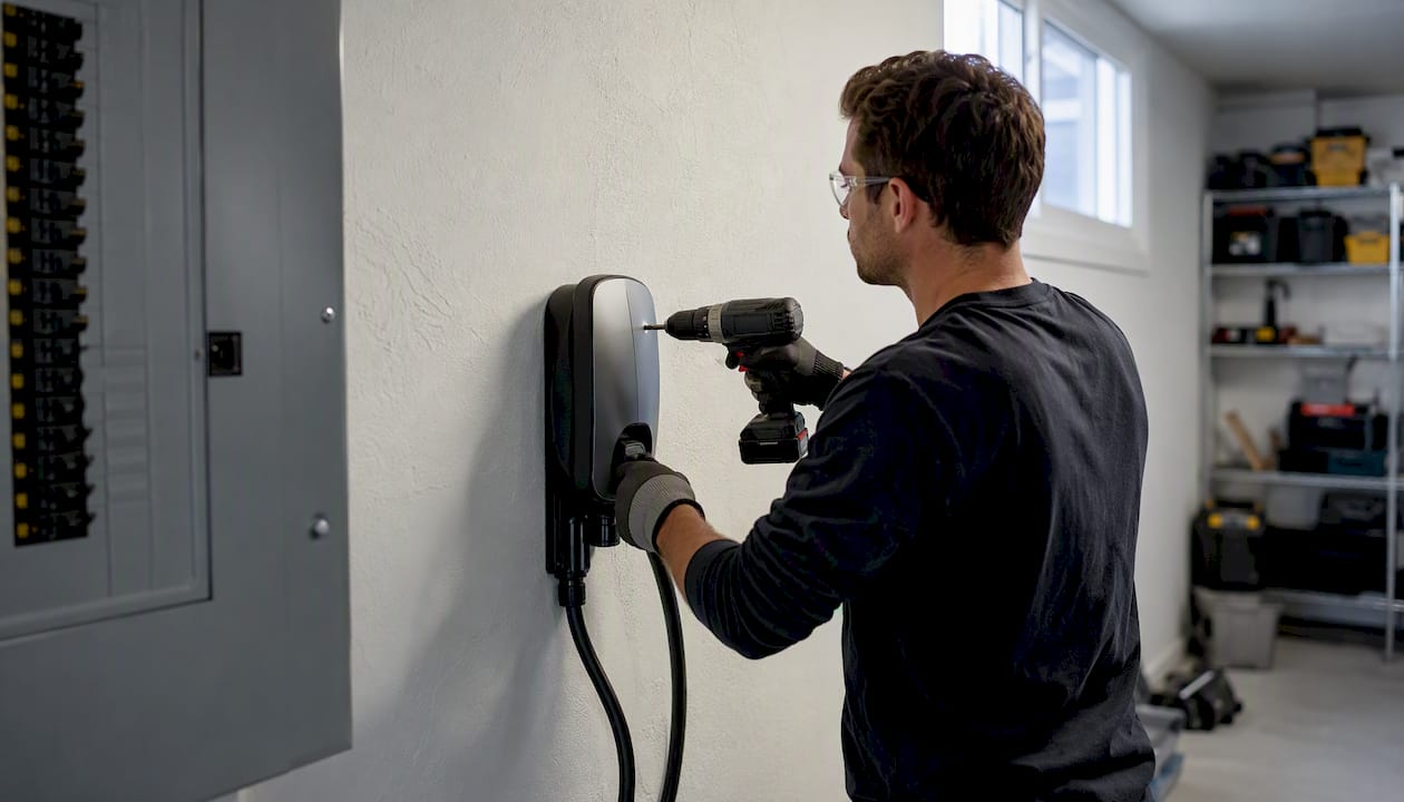 Electrician installing EV charger on garage wall
