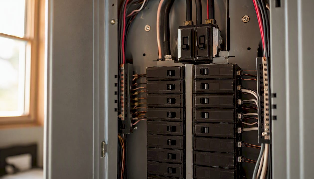 Close-up of electrical panel breaker spaces