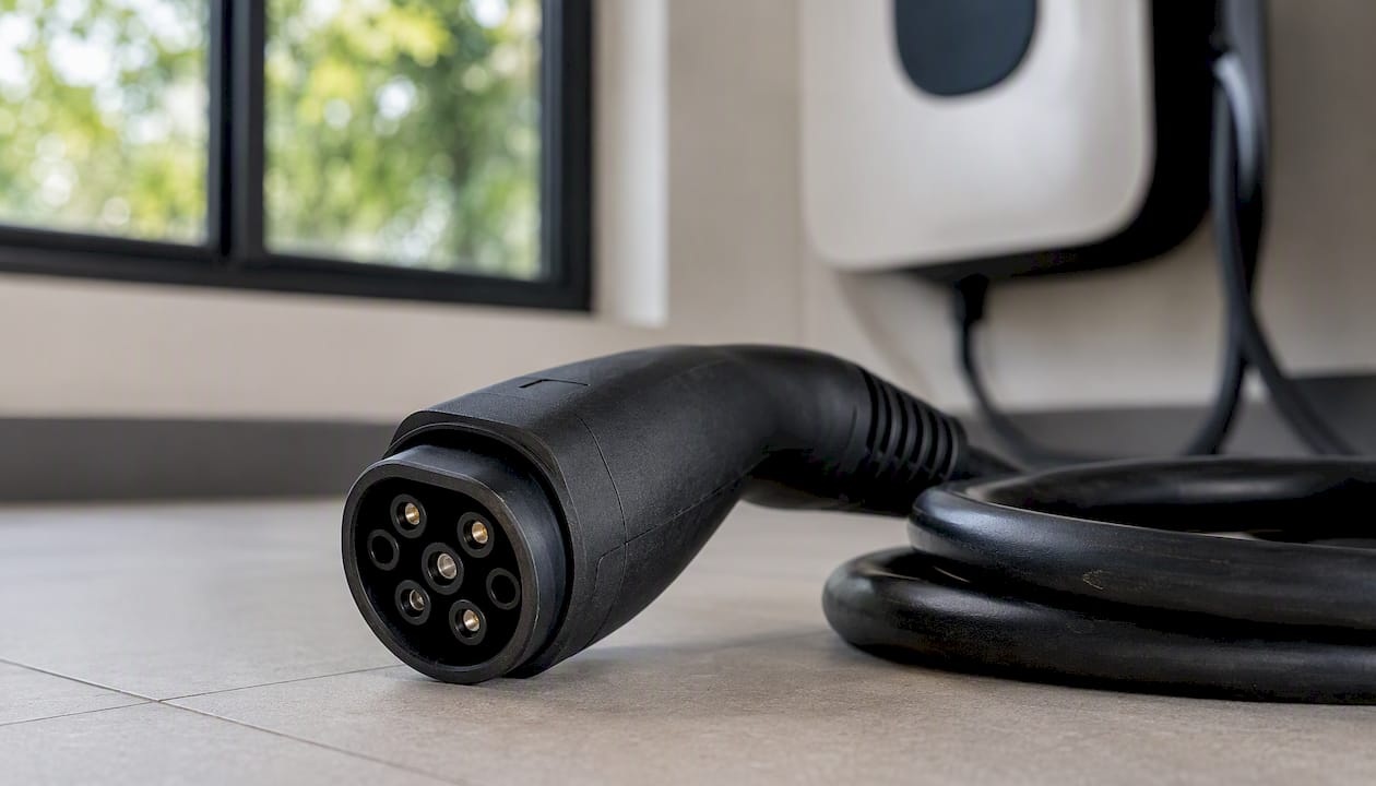 Close-up of EV charger cable and connector pins