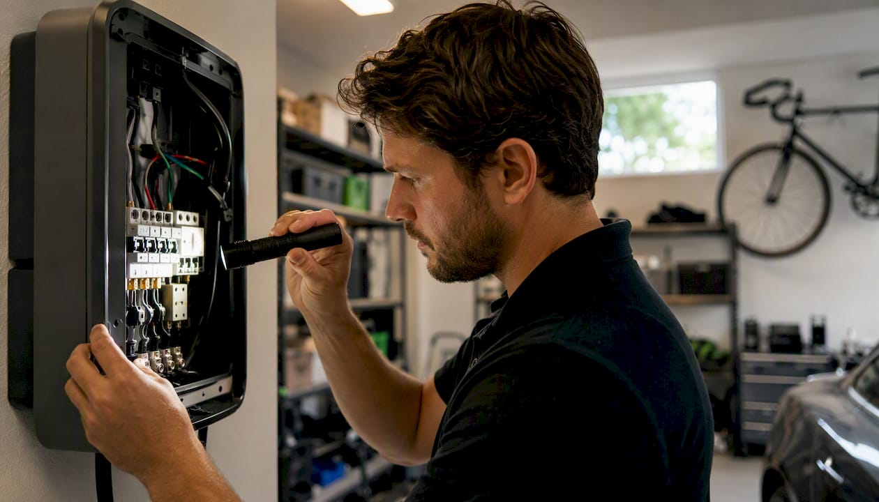 Electrician inspecting EV charger wiring