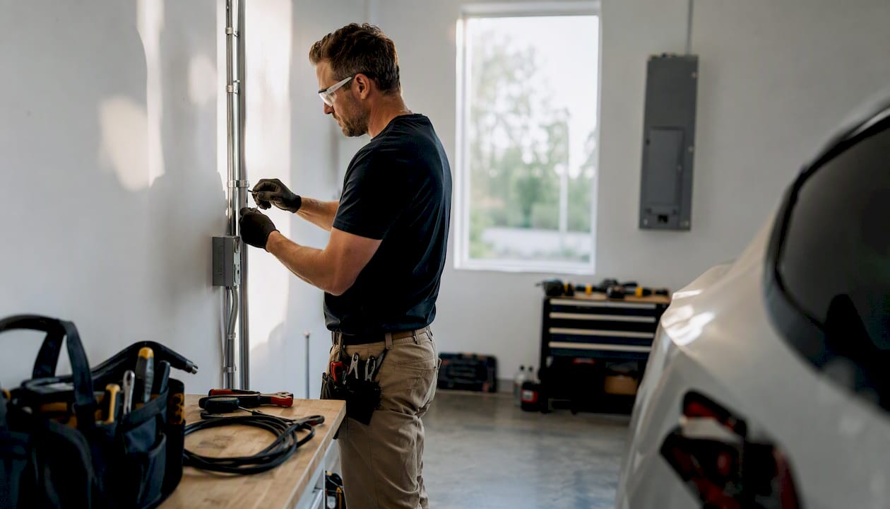 Electrician installing EV charger conduit in home garage