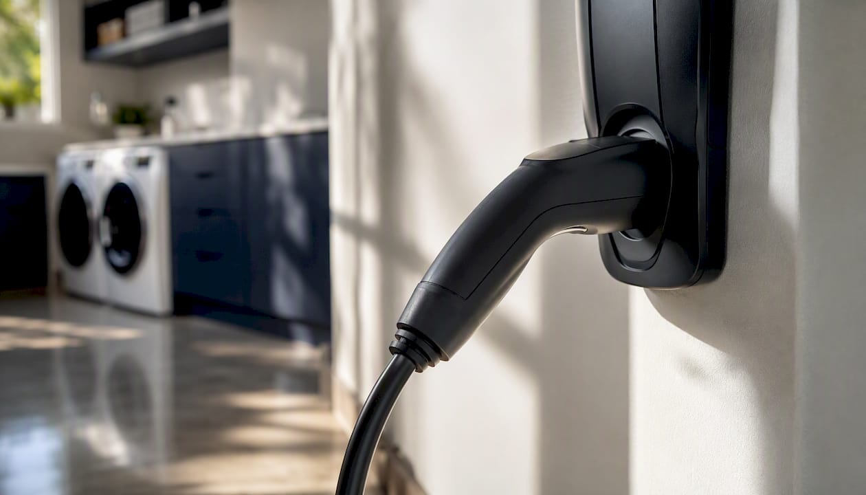 Close-up of Tesla Wall Connector charger cable plugged in