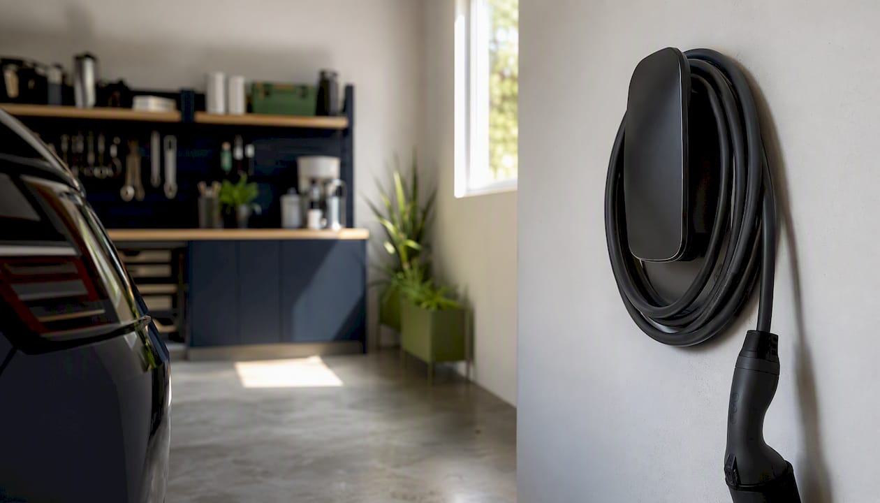 EV charger cable on wall-mounted holster in garage
