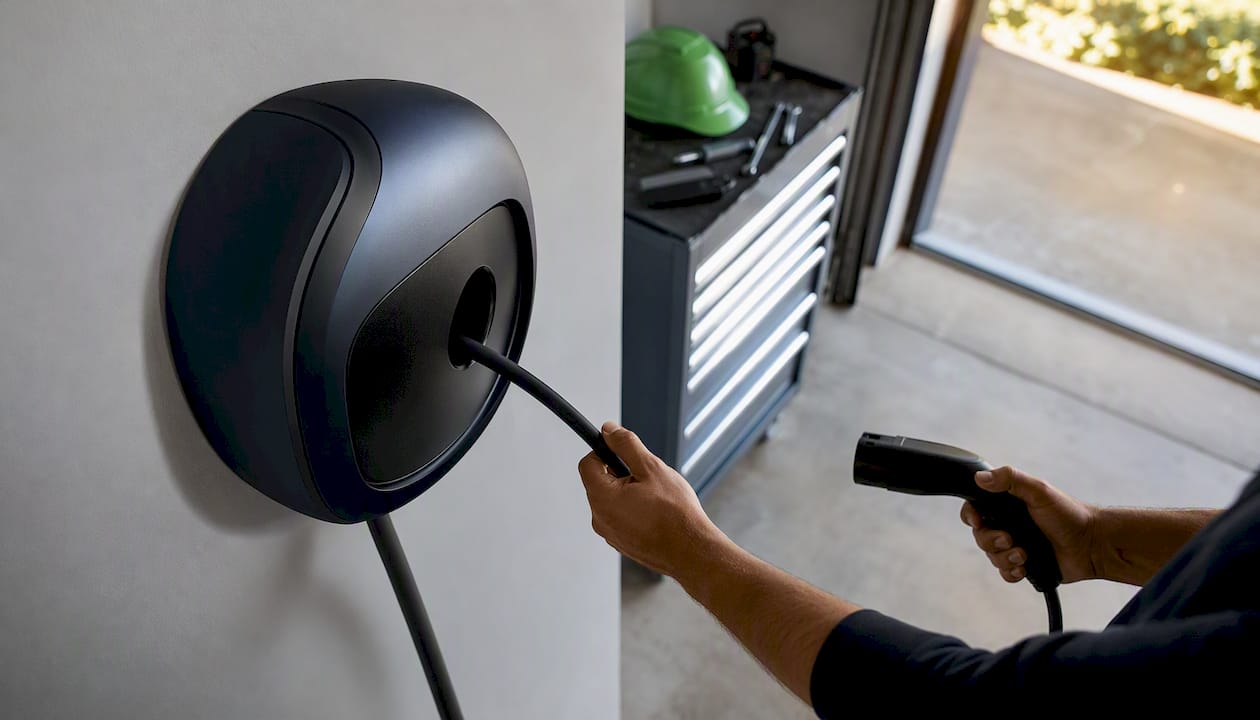 Hands pulling EV charging cable from retractable reel