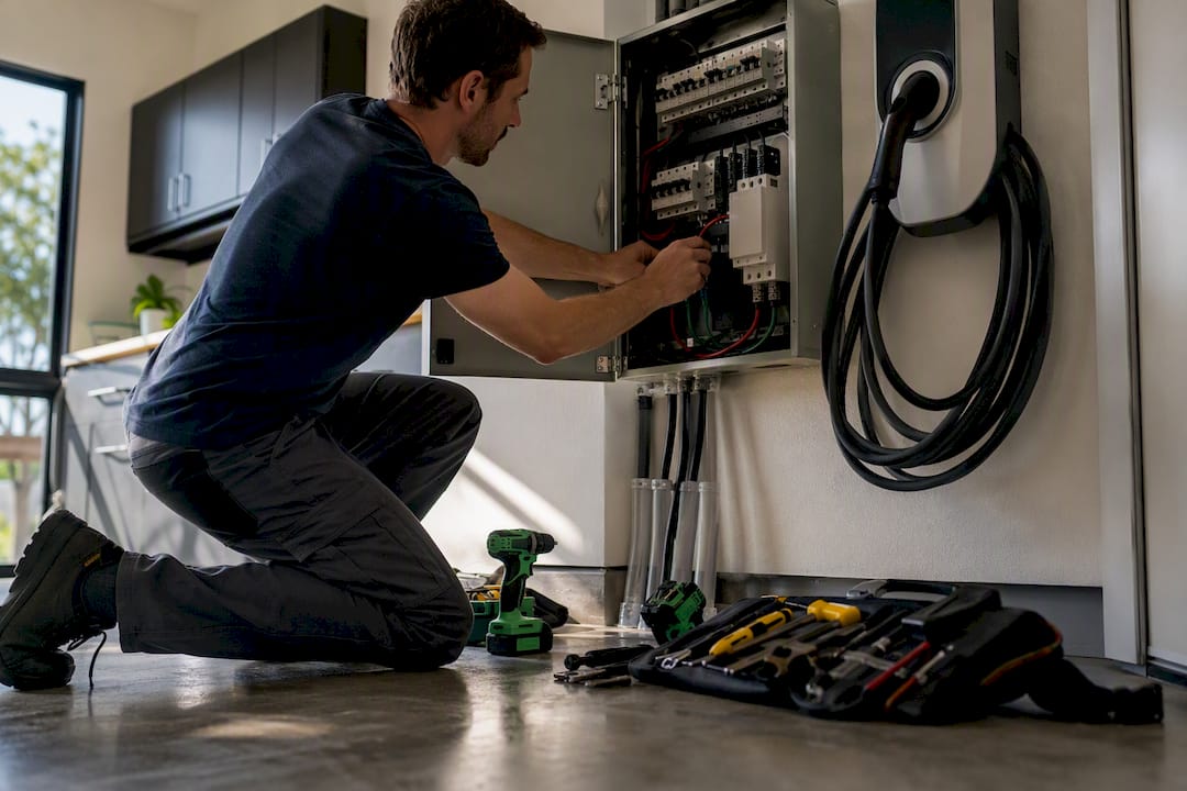 Electrician wiring surge protector in home panel