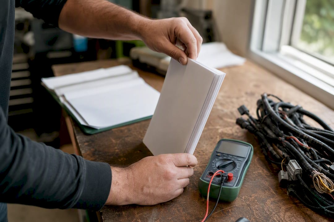 Hands assembling technical documents for EV permit