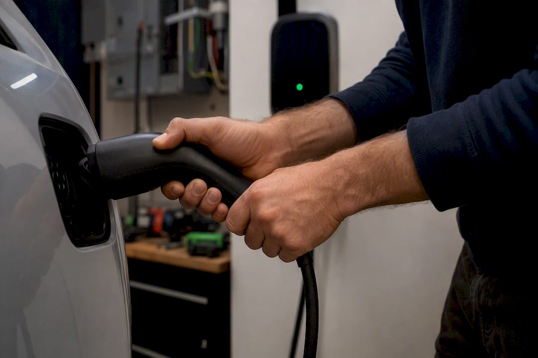 Electrician plugging EV charger cable in garage at night