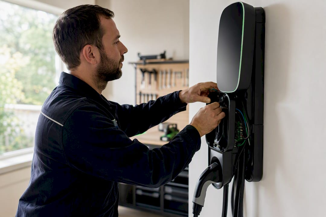 Hands installing smart EV charger device on wall